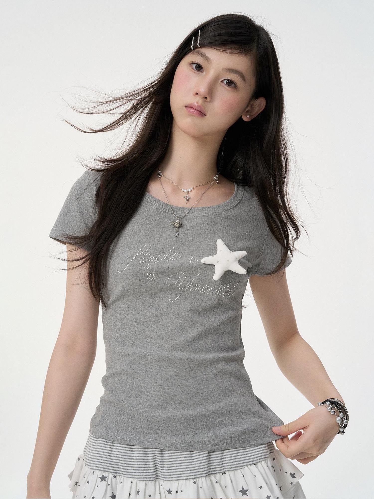 VEEMIX Light Blue Rhinestone 3d Letter Women's Cotton Short Sleeve T-shirts