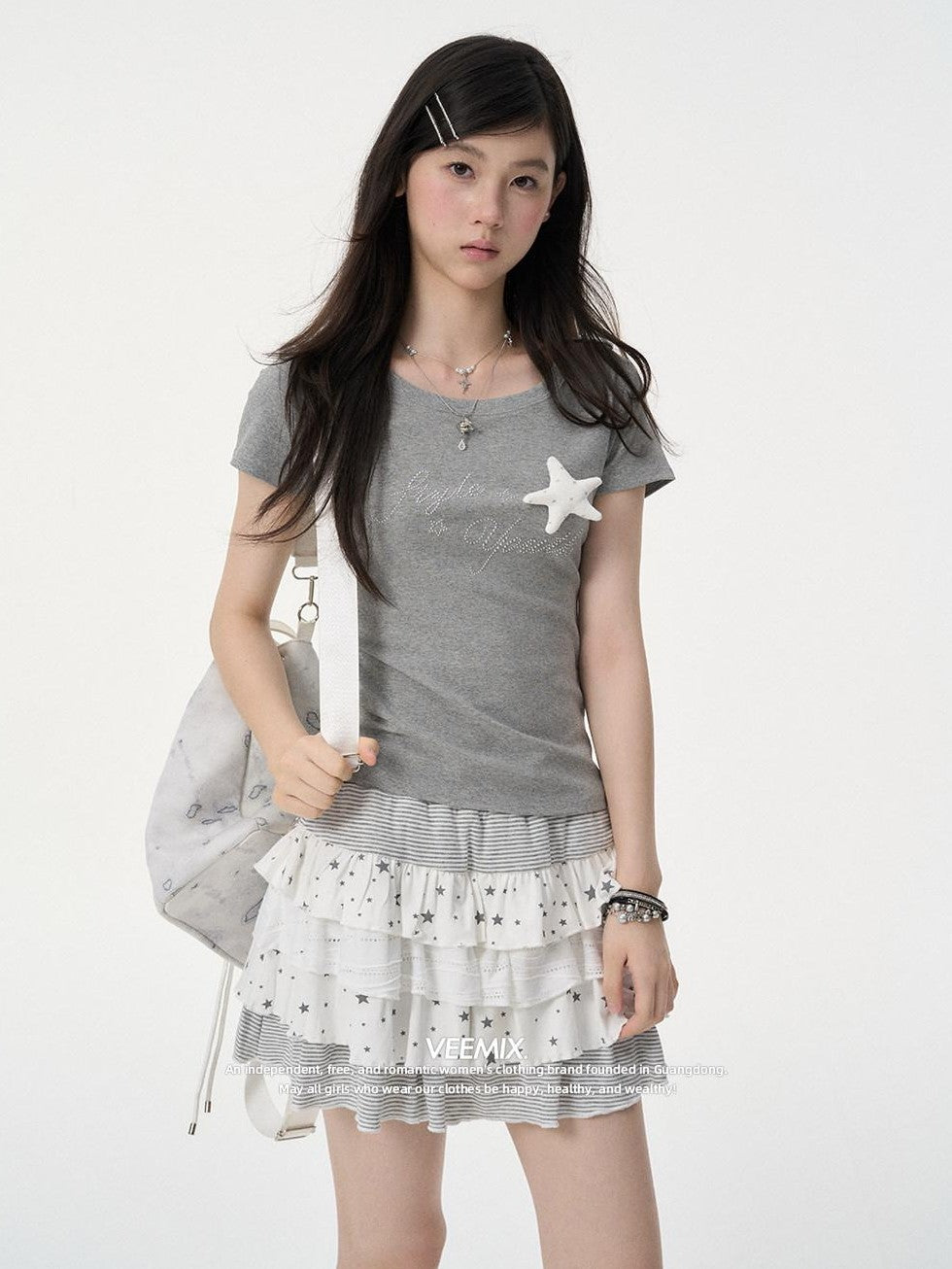 VEEMIX Light Blue Rhinestone 3d Letter Women's Cotton Short Sleeve T-shirts