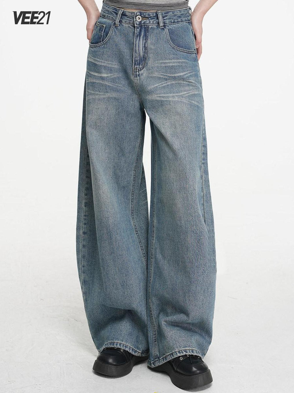 VEEMIX Light Blue Stonewashed Distressed Low Rise Women's Denim Wide-leg Jeans