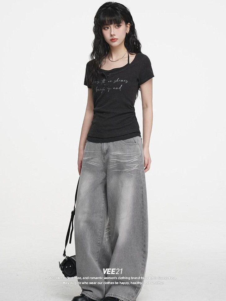 VEEMIX Light Blue Stonewashed Distressed Low Rise Women's Denim Wide-leg Jeans