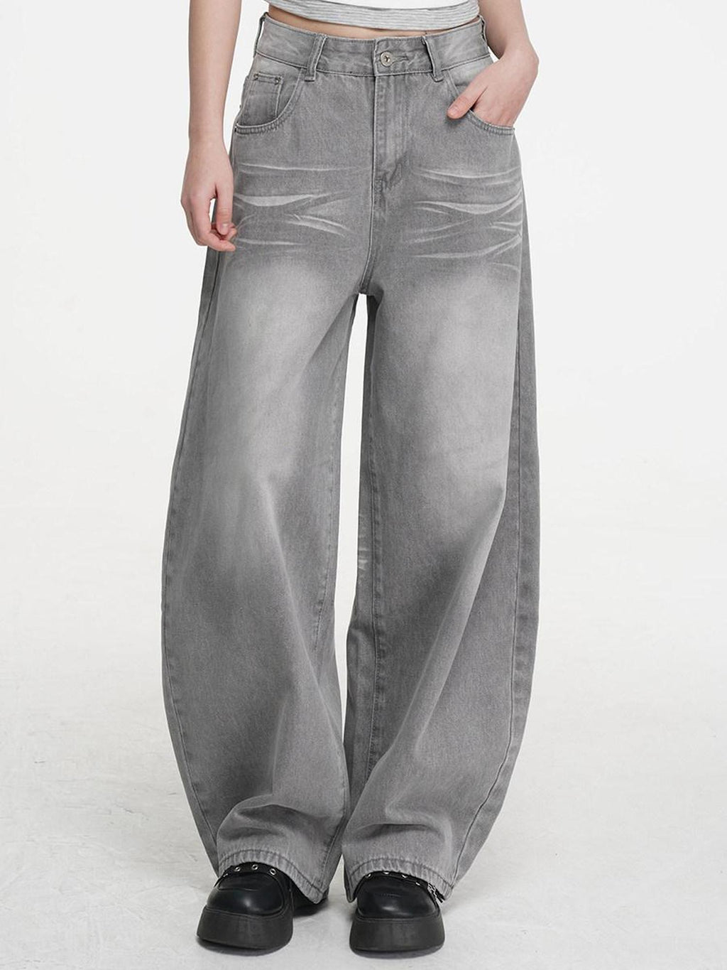 VEEMIX Light Blue Stonewashed Distressed Low Rise Women's Denim Wide-leg Jeans