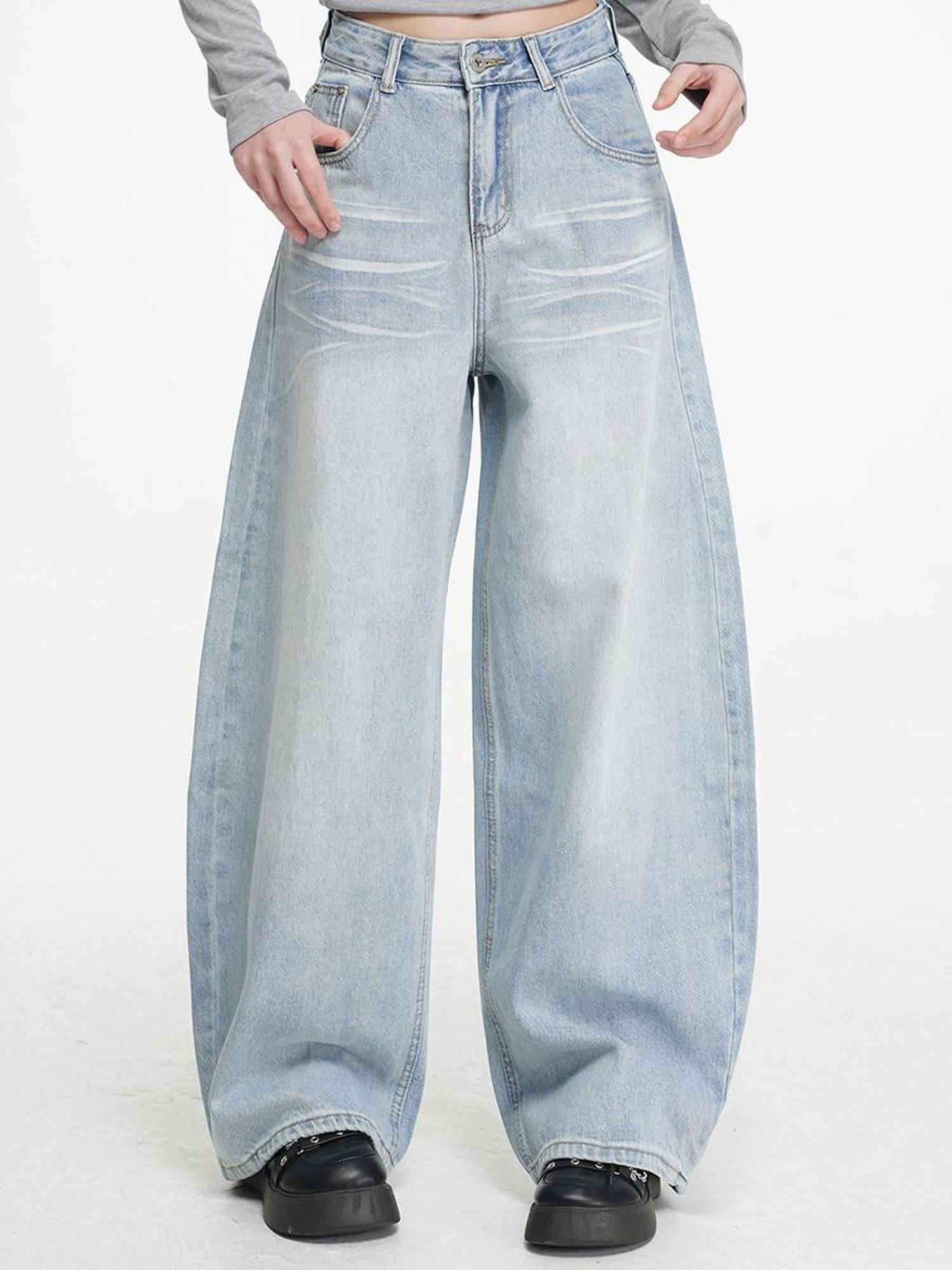 VEEMIX Light Blue Stonewashed Distressed Low Rise Women's Denim Wide-leg Jeans
