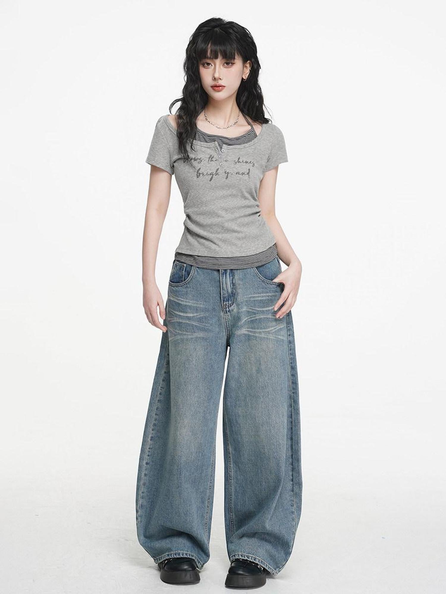 VEEMIX Light Blue Stonewashed Distressed Low Rise Women's Denim Wide-leg Jeans