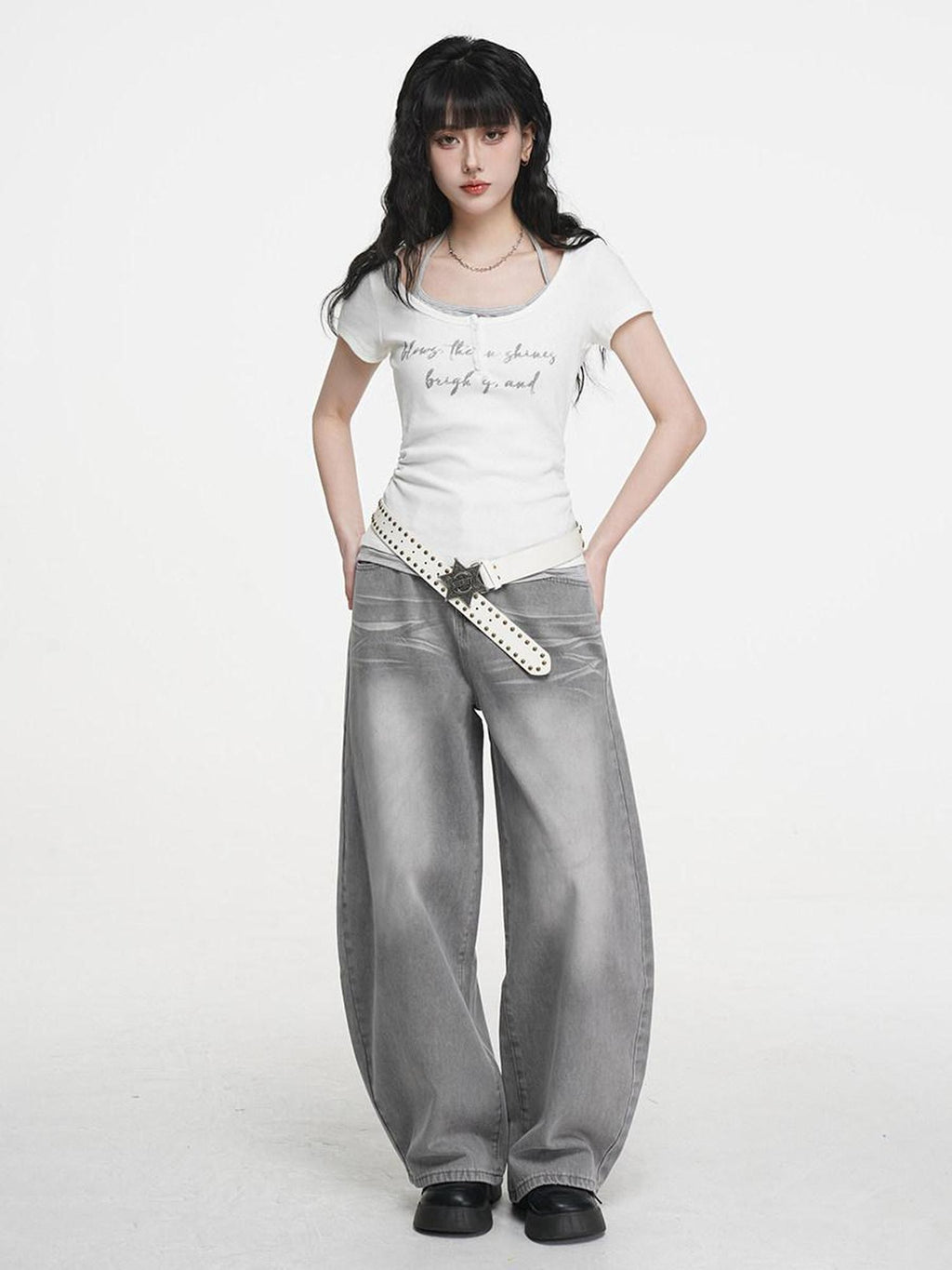 VEEMIX Light Blue Stonewashed Distressed Low Rise Women's Denim Wide-leg Jeans