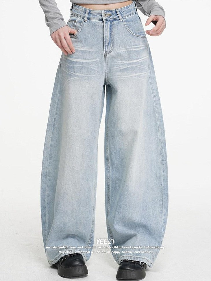 VEEMIX Light Blue Stonewashed Distressed Low Rise Women's Denim Wide-leg Jeans