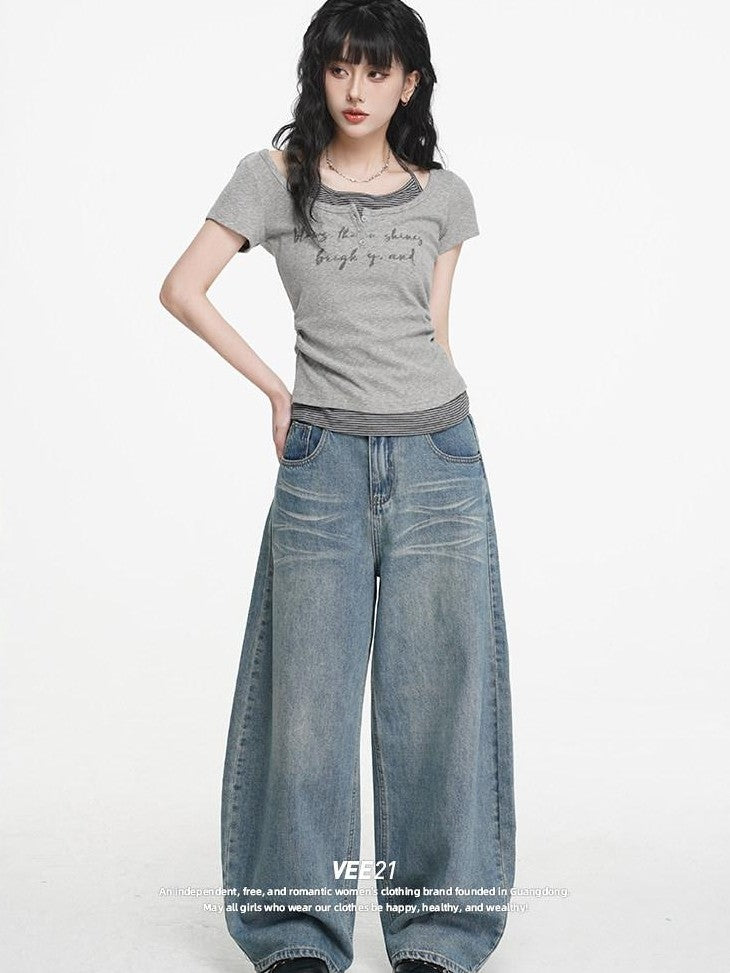VEEMIX Light Blue Stonewashed Distressed Low Rise Women's Denim Wide-leg Jeans