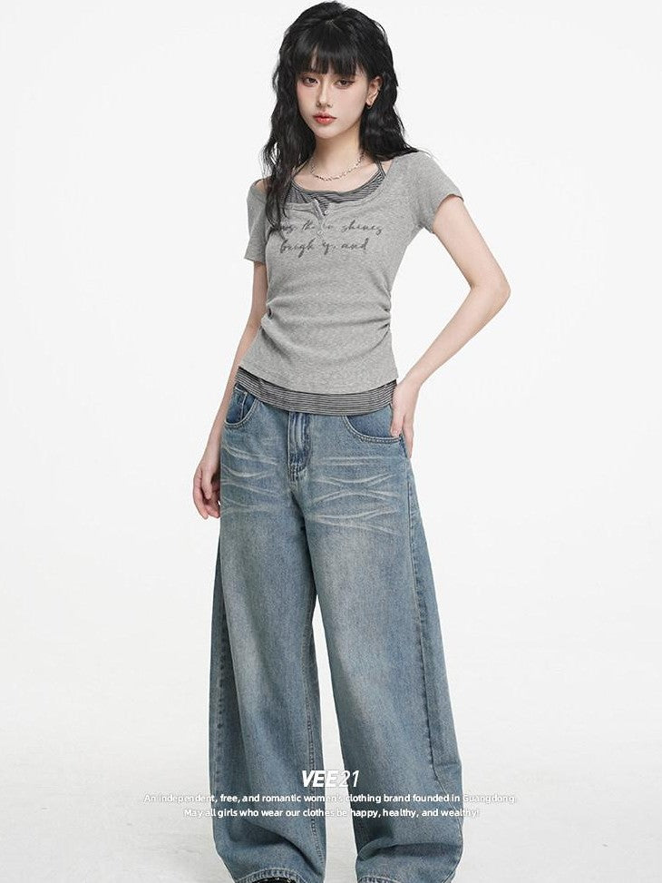 VEEMIX Light Blue Stonewashed Distressed Low Rise Women's Denim Wide-leg Jeans