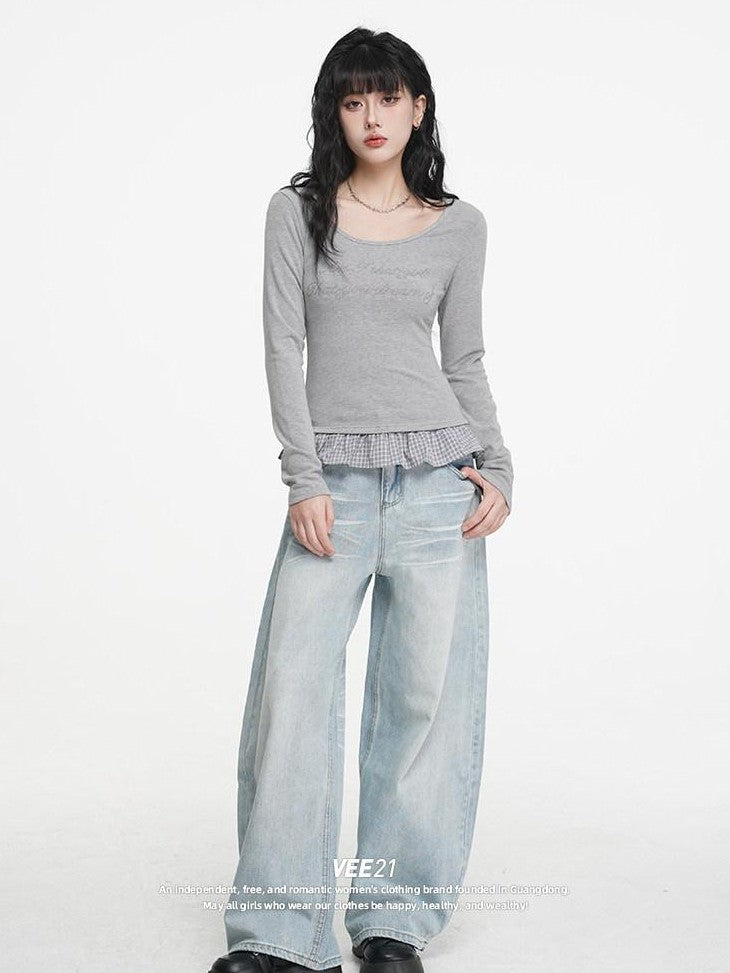 VEEMIX Light Blue Stonewashed Distressed Low Rise Women's Denim Wide-leg Jeans