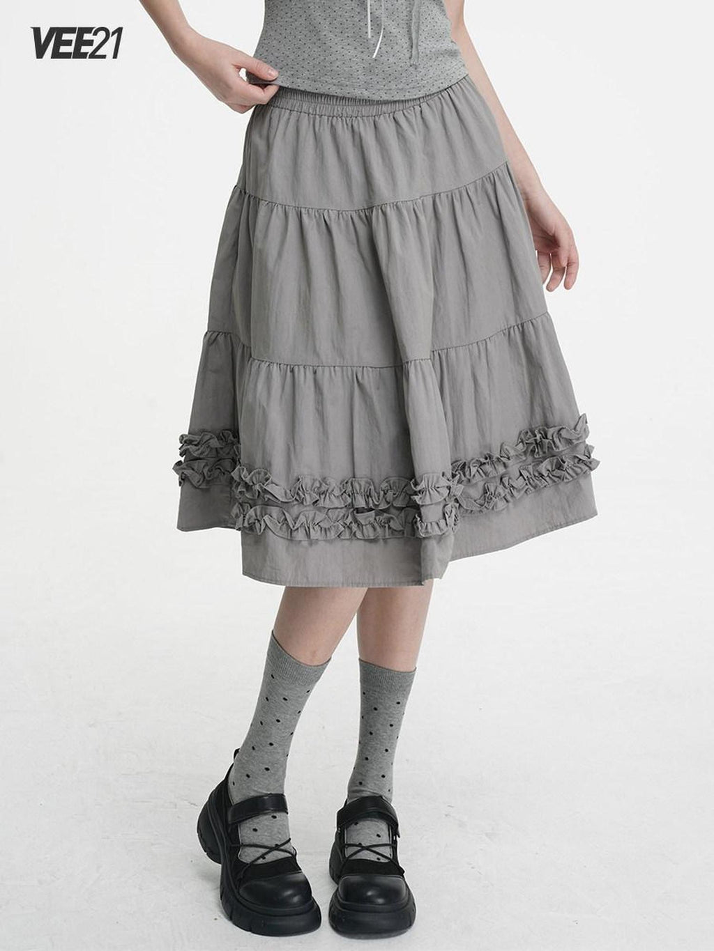 VEEMIX Light Gray A Line Ruffle Edge Elastic Waist Lined Women's Midi Skirts