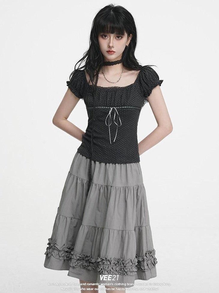 VEEMIX Light Gray A Line Ruffle Edge Elastic Waist Lined Women's Midi Skirts