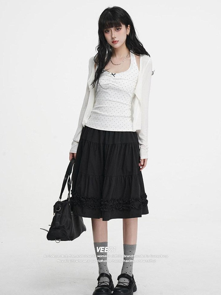 VEEMIX Light Gray A Line Ruffle Edge Elastic Waist Lined Women's Midi Skirts