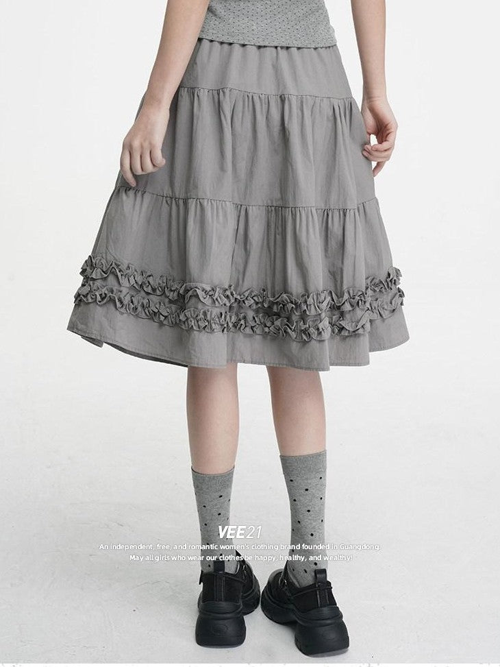 VEEMIX Light Gray A Line Ruffle Edge Elastic Waist Lined Women's Midi Skirts
