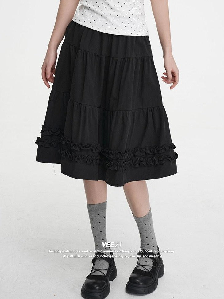 VEEMIX Light Gray A Line Ruffle Edge Elastic Waist Lined Women's Midi Skirts
