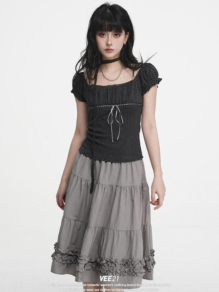 VEEMIX Light Gray A Line Ruffle Edge Elastic Waist Lined Women's Midi Skirts