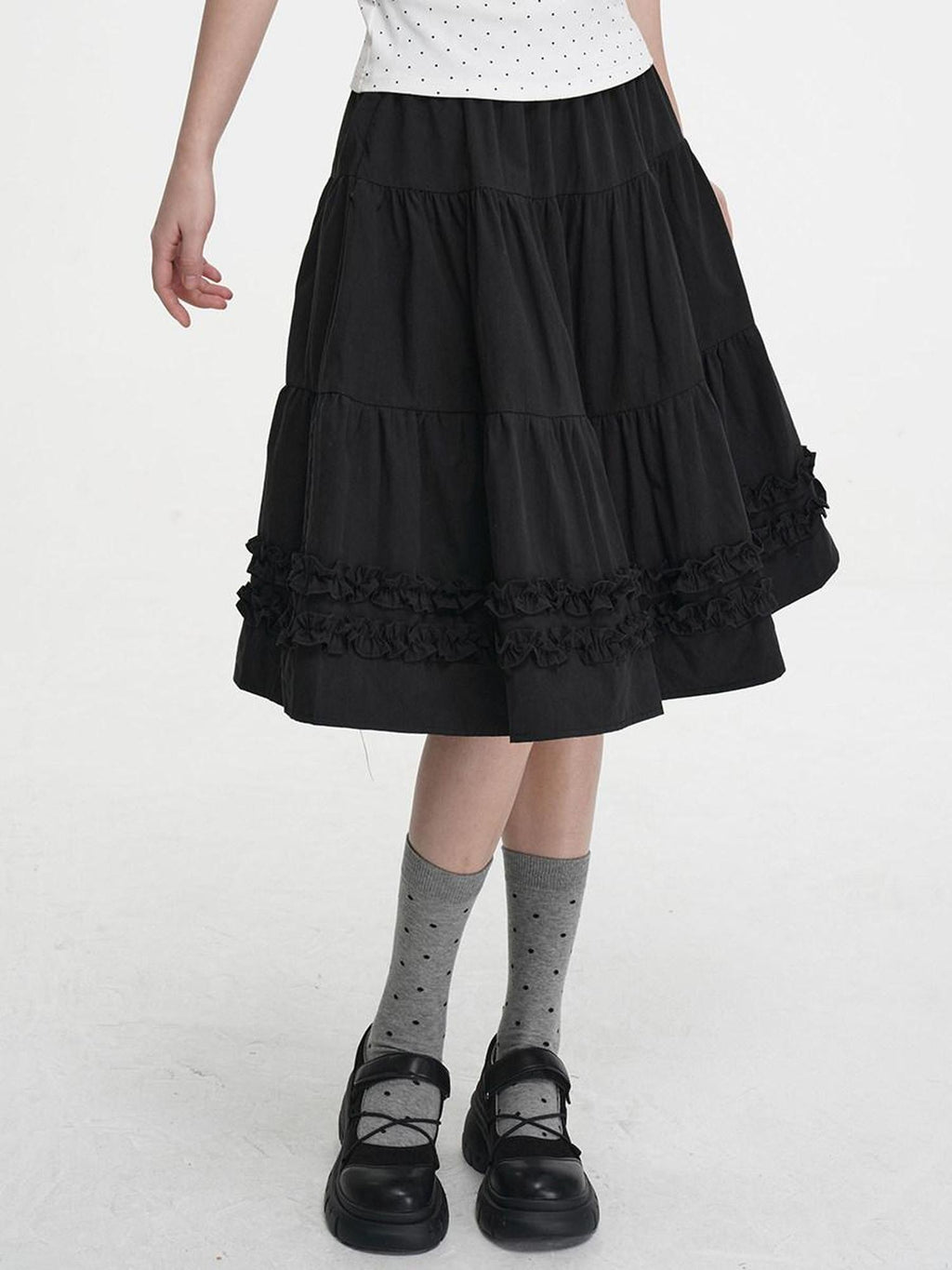 VEEMIX Light Gray A Line Ruffle Edge Elastic Waist Lined Women's Midi Skirts
