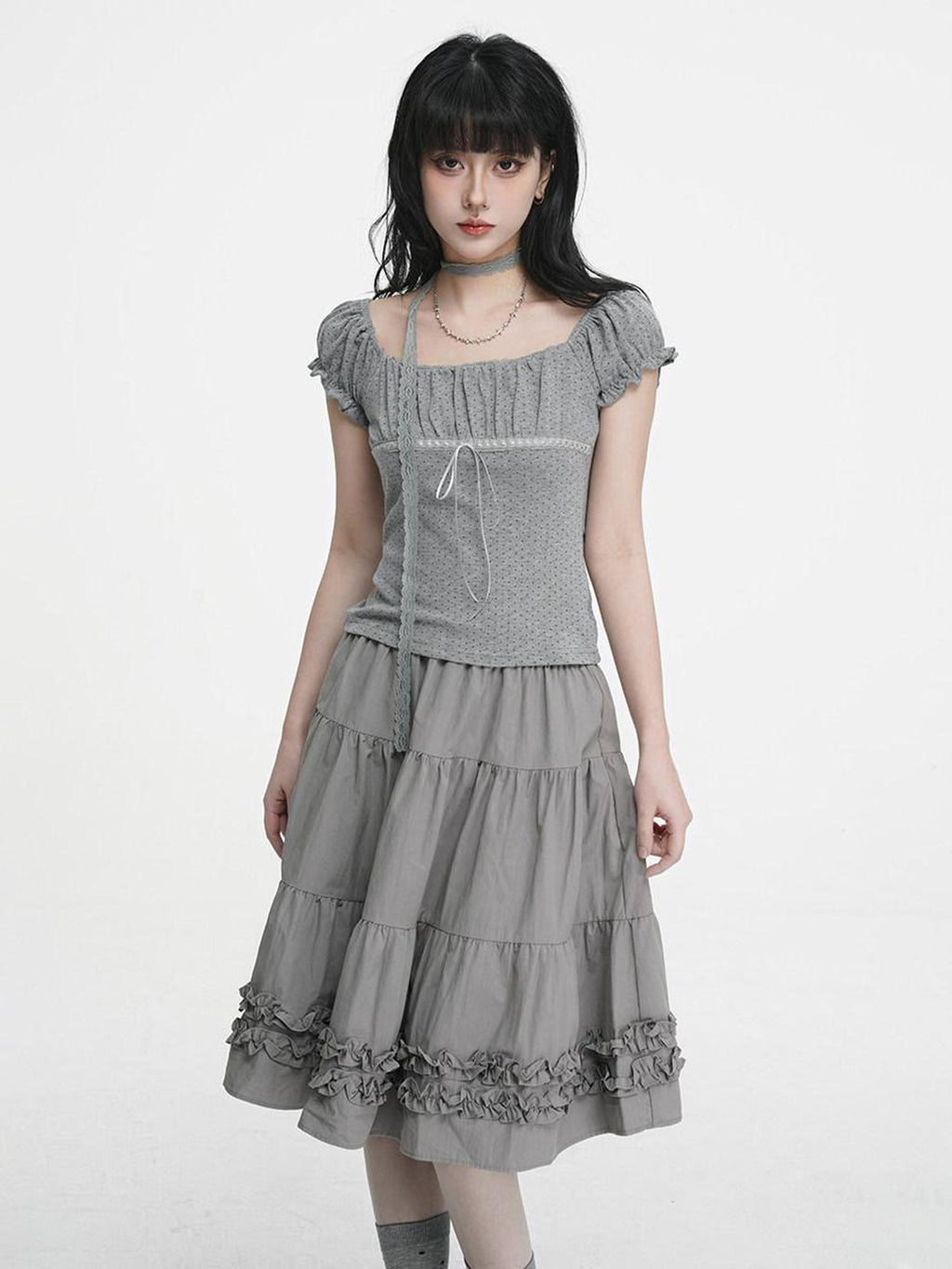 VEEMIX Light Gray A Line Ruffle Edge Elastic Waist Lined Women's Midi Skirts