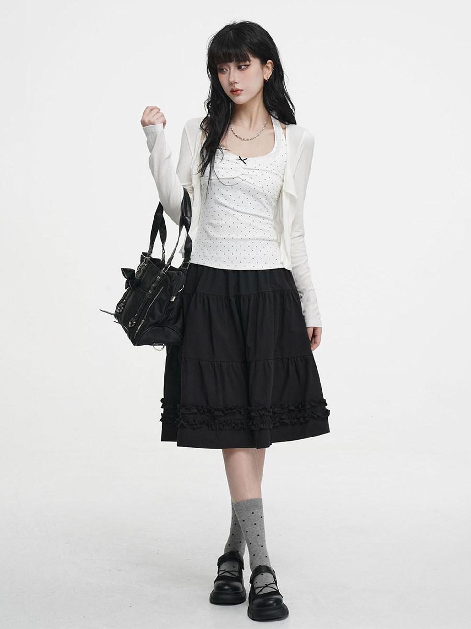 VEEMIX Light Gray A Line Ruffle Edge Elastic Waist Lined Women's Midi Skirts