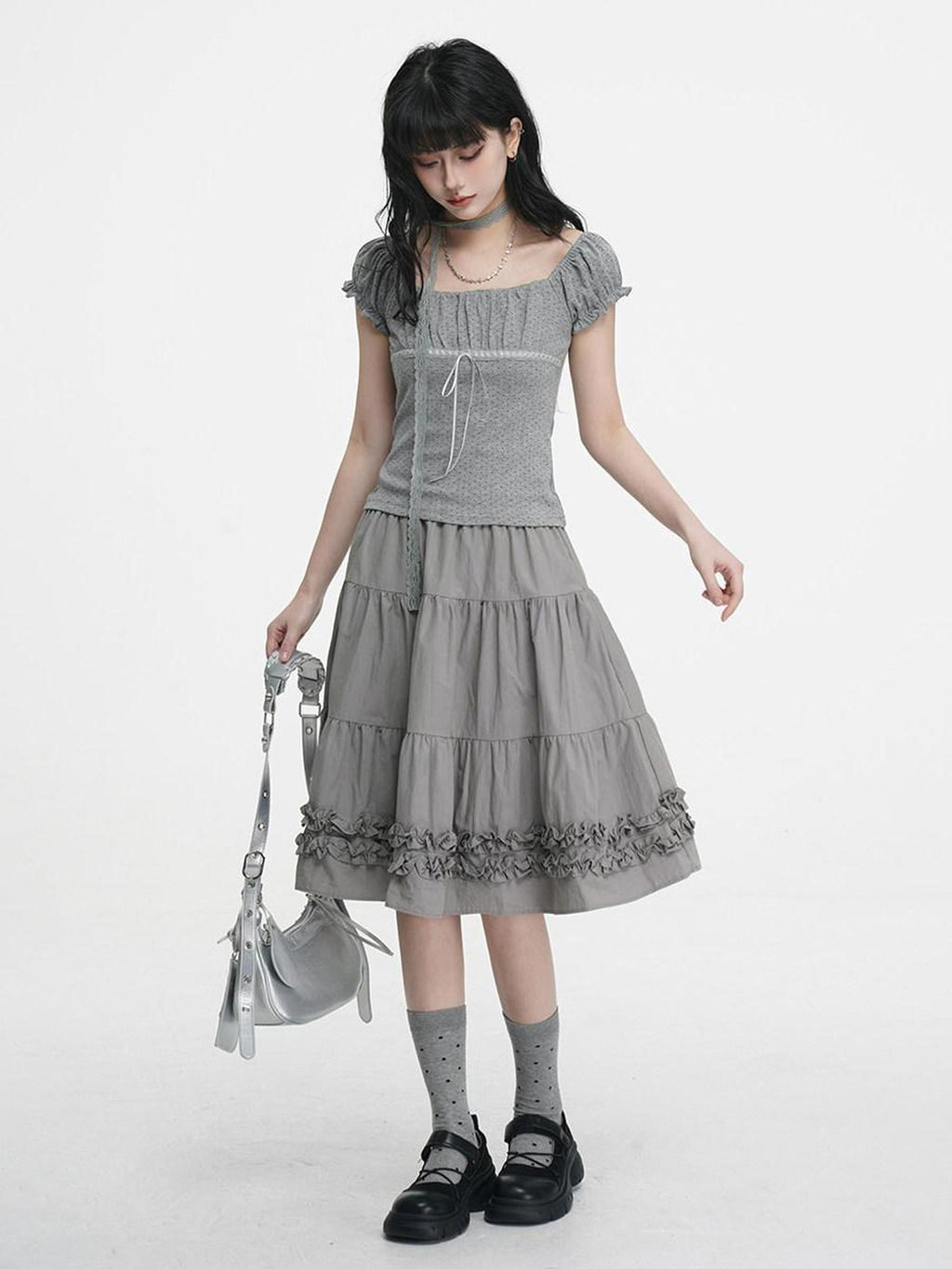 VEEMIX Light Gray A Line Ruffle Edge Elastic Waist Lined Women's Midi Skirts