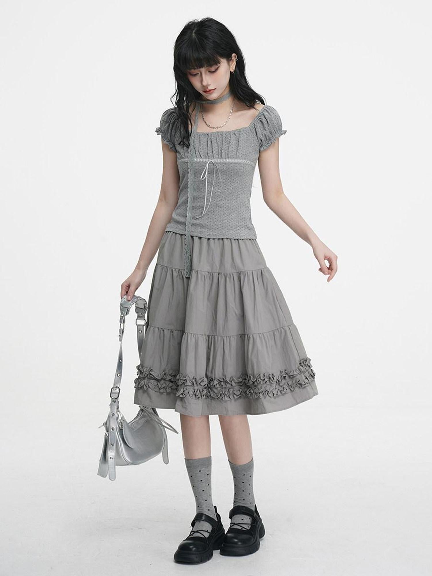VEEMIX Light Gray A Line Ruffle Edge Elastic Waist Lined Women's Midi Skirts