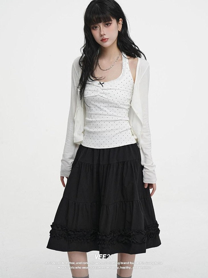 VEEMIX Light Gray A Line Ruffle Edge Elastic Waist Lined Women's Midi Skirts