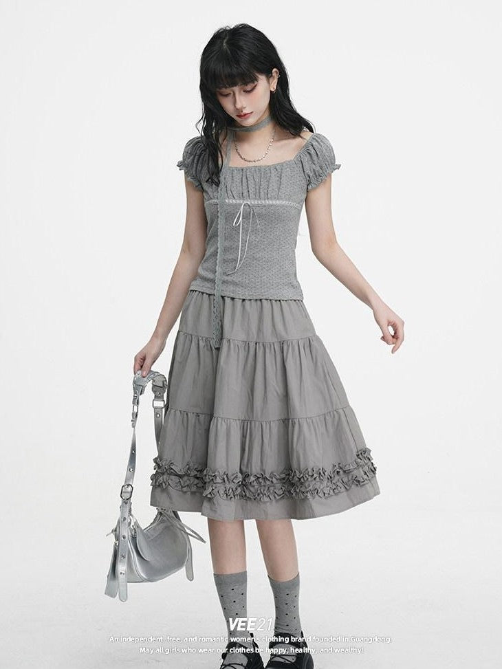 VEEMIX Light Gray A Line Ruffle Edge Elastic Waist Lined Women's Midi Skirts