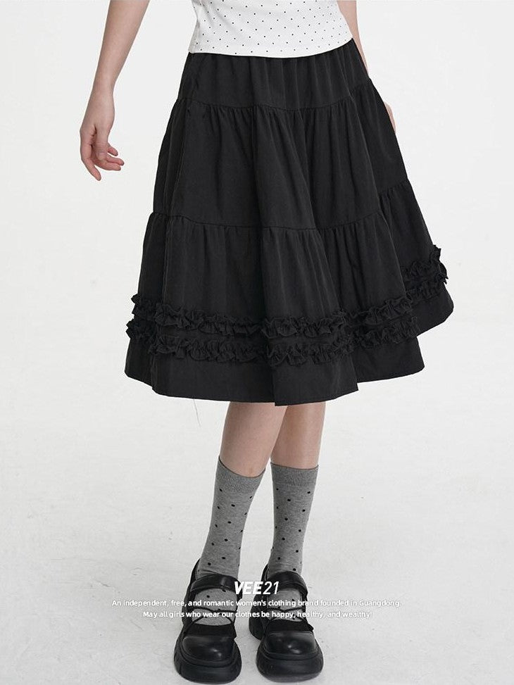 VEEMIX Light Gray A Line Ruffle Edge Elastic Waist Lined Women's Midi Skirts