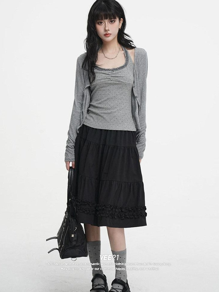 VEEMIX Light Gray A Line Ruffle Edge Elastic Waist Lined Women's Midi Skirts