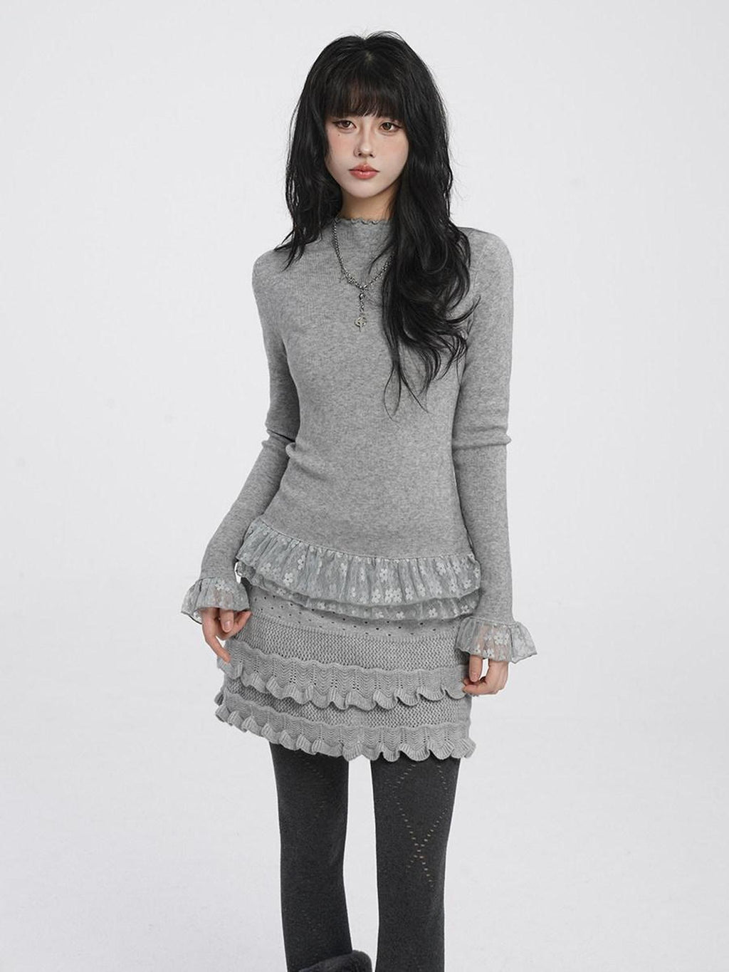 VEEMIX Light Gray Brushed Lace Half High Neck Women's Nylon Long Sleeve T-shirts