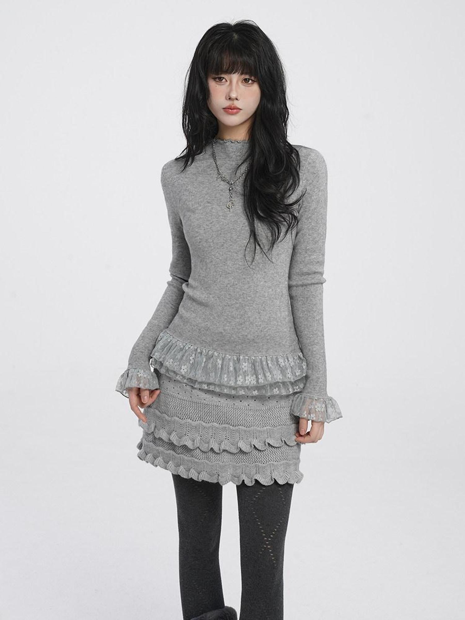 VEEMIX Light Gray Brushed Lace Half High Neck Women's Nylon Long Sleeve T-shirts