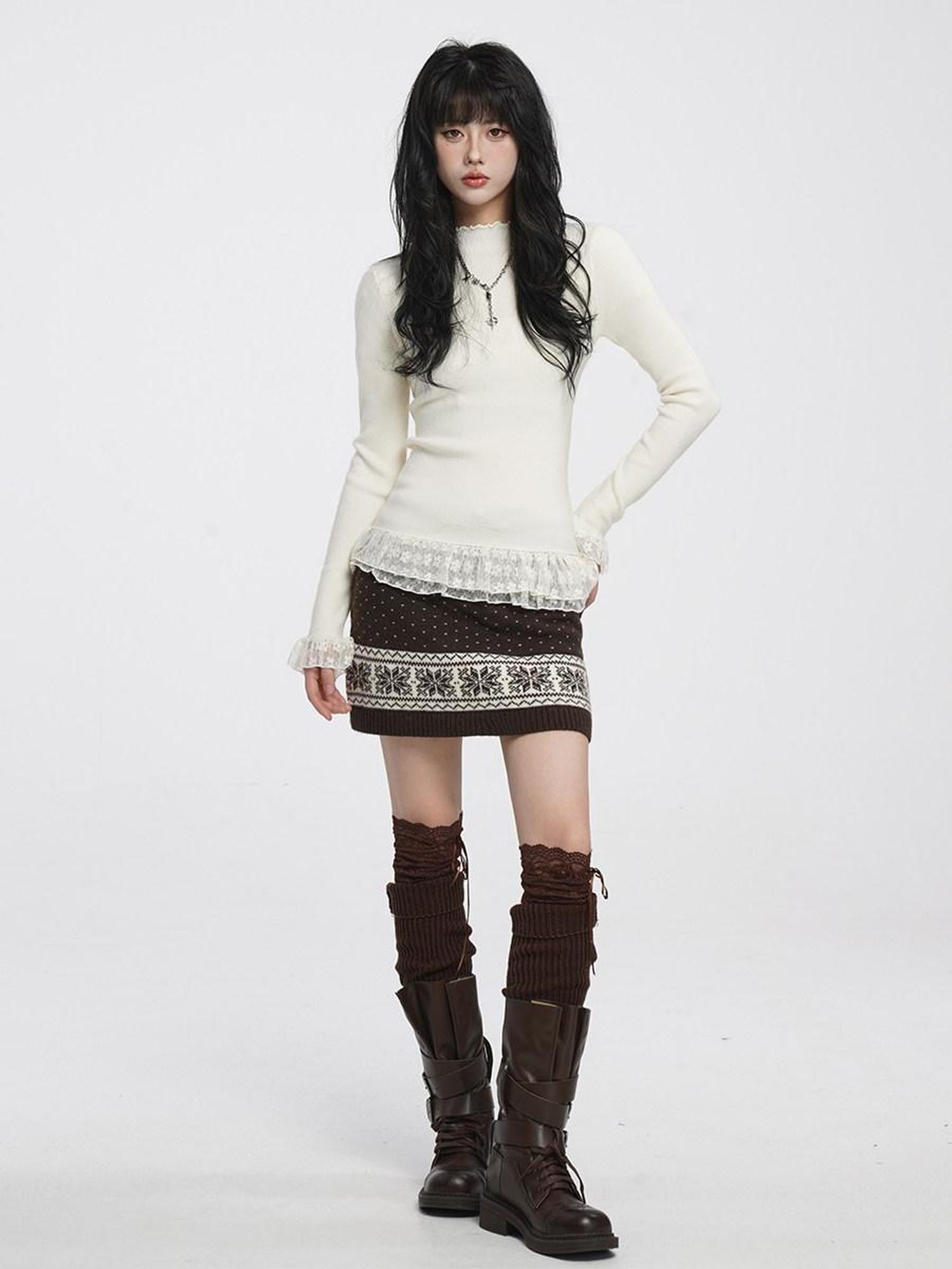 VEEMIX Light Gray Brushed Lace Half High Neck Women's Nylon Long Sleeve T-shirts