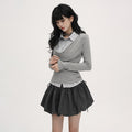 VEEMIX_Light_Gray_Draped_Neck_Faux_Two_Piece_Ruching_Women's_Rayon_Long_Sleeve_T-shirts_970002305376_MISSTT