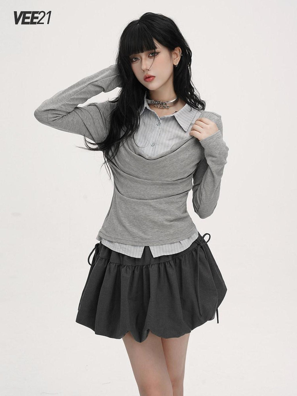 VEEMIX Light Gray Draped Neck Faux Two Piece Ruching Women's Rayon Long Sleeve T-shirts