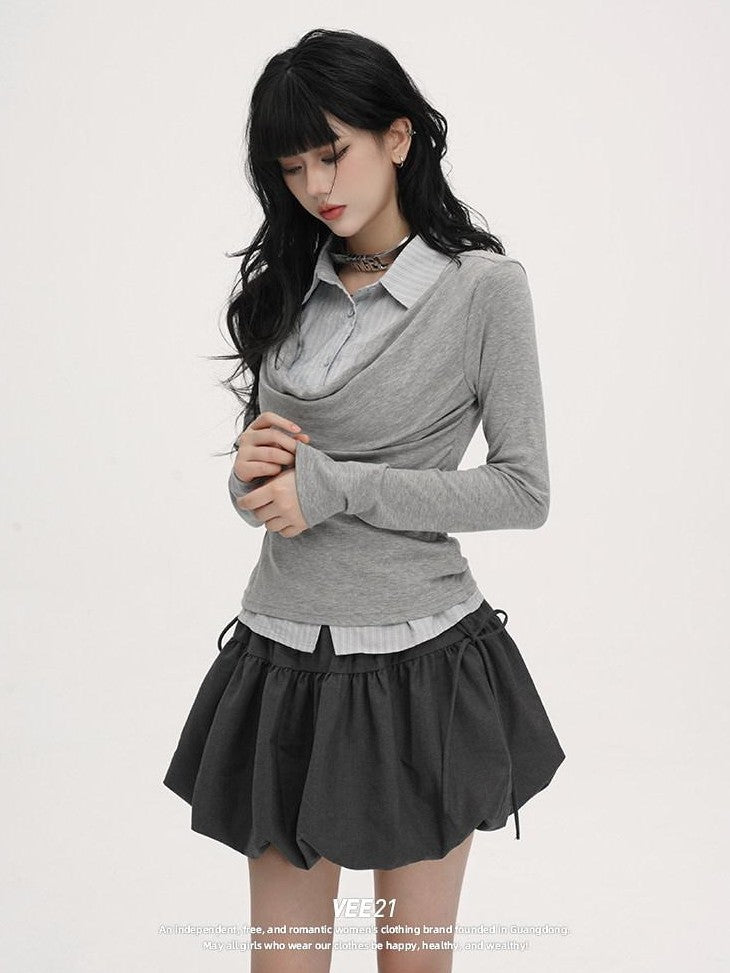 VEEMIX Light Gray Draped Neck Faux Two Piece Ruching Women's Rayon Long Sleeve T-shirts