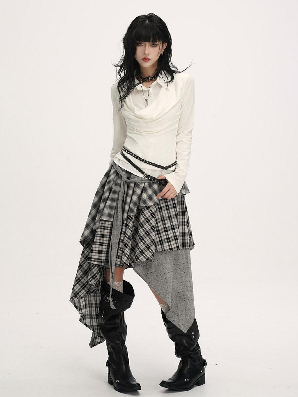 VEEMIX Light Gray Draped Neck Faux Two Piece Ruching Women's Rayon Long Sleeve T-shirts