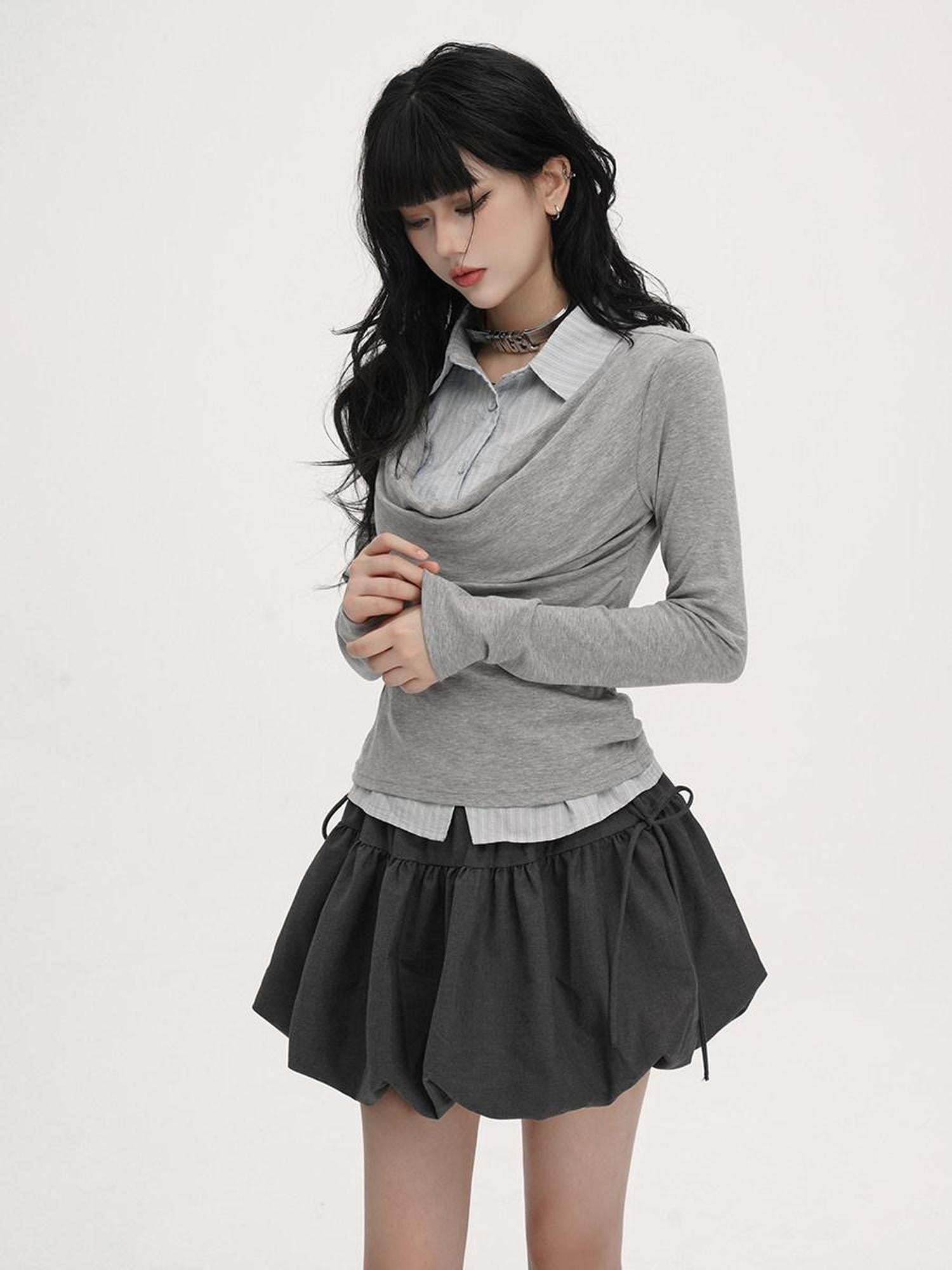 VEEMIX Light Gray Draped Neck Faux Two Piece Ruching Women's Rayon Long Sleeve T-shirts