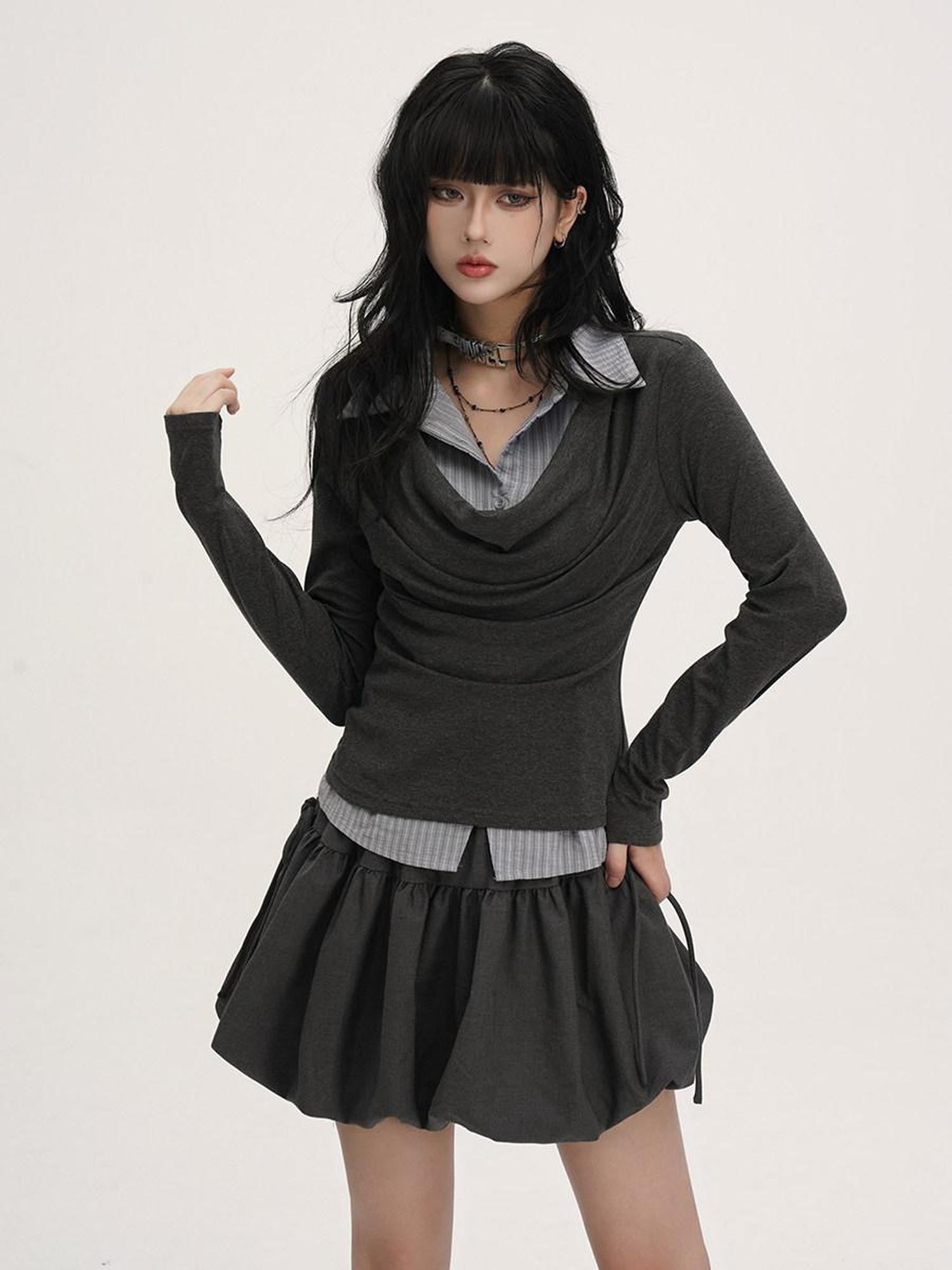 VEEMIX Light Gray Draped Neck Faux Two Piece Ruching Women's Rayon Long Sleeve T-shirts