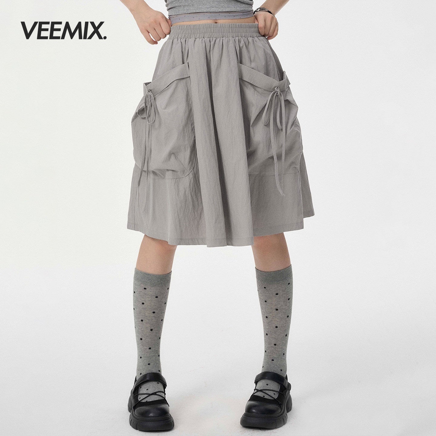 VEEMIX_Light_Gray_Large_Pocket_A_Line_Tie_Women's_Cotton_Nylon_Midi_Skirts_1056364589314_MISSTT