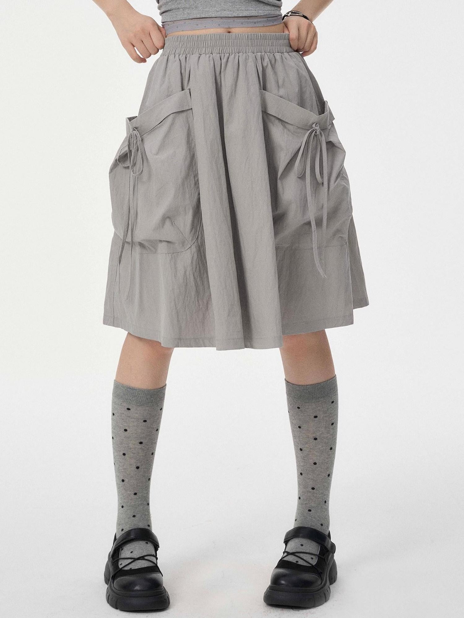 VEEMIX Light Gray Large Pocket A Line Tie Women's Cotton Nylon Midi Skirts
