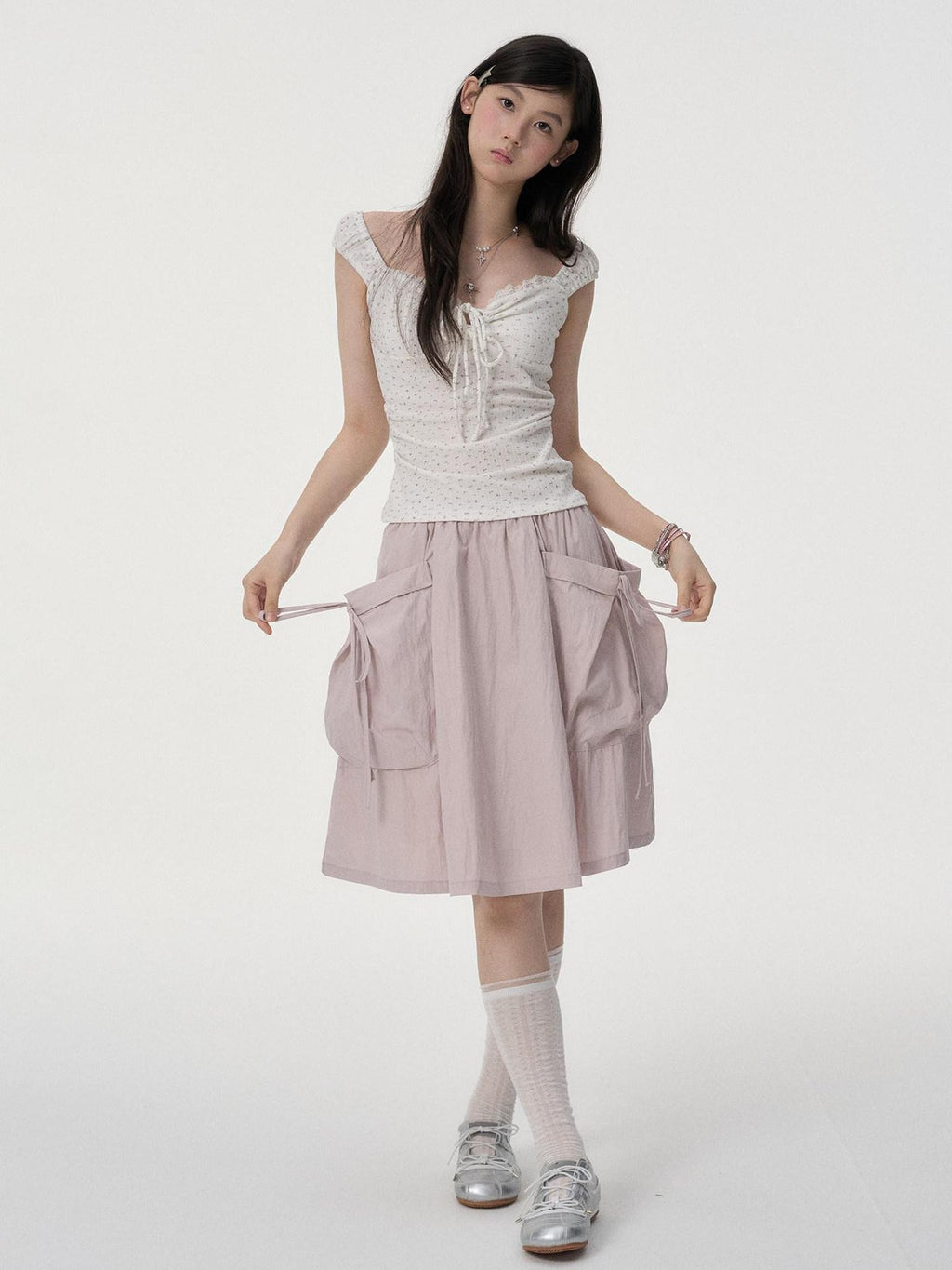 VEEMIX Light Gray Large Pocket A Line Tie Women's Cotton Nylon Midi Skirts