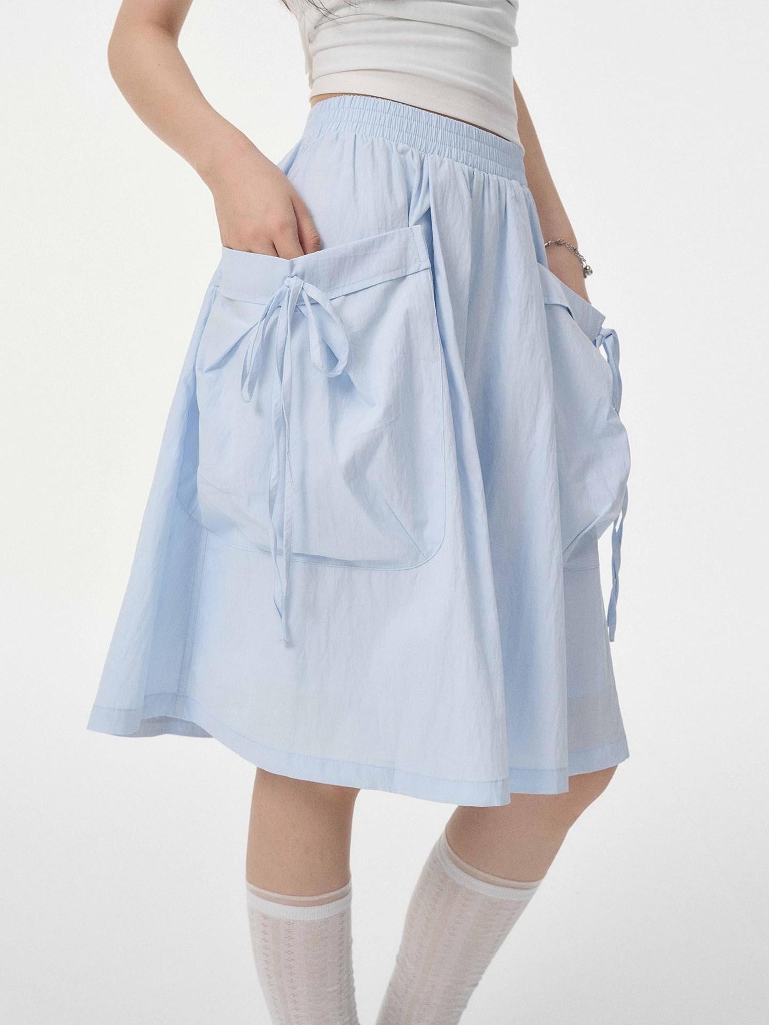 VEEMIX Light Gray Large Pocket A Line Tie Women's Cotton Nylon Midi Skirts