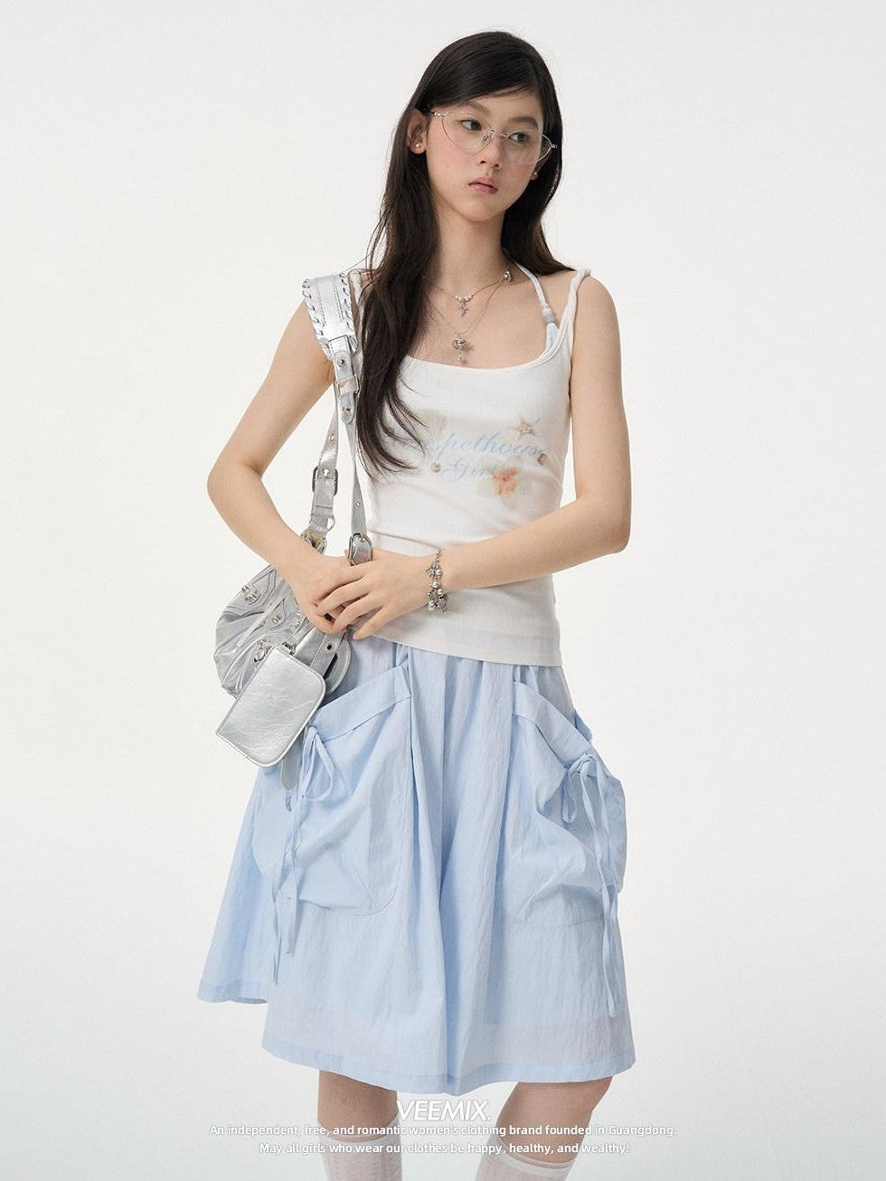 VEEMIX Light Gray Large Pocket A Line Tie Women's Cotton Nylon Midi Skirts