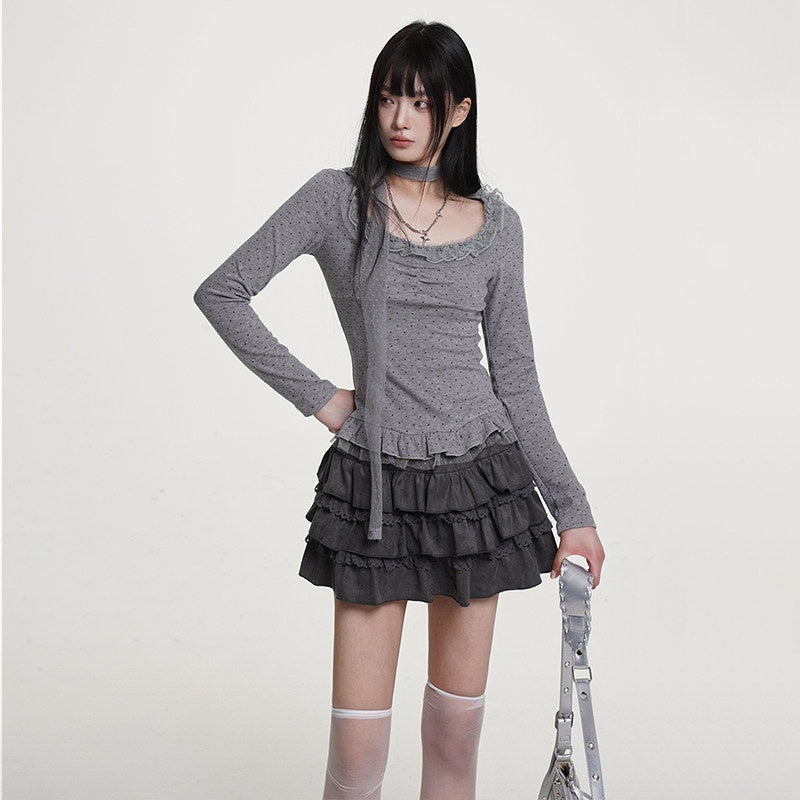 VEEMIX_Light_Gray_Polka_Dot_Lace_Trim_Women's_Poly_Cotton_Long_Sleeve_T-shirts_989693113479_MISSTT