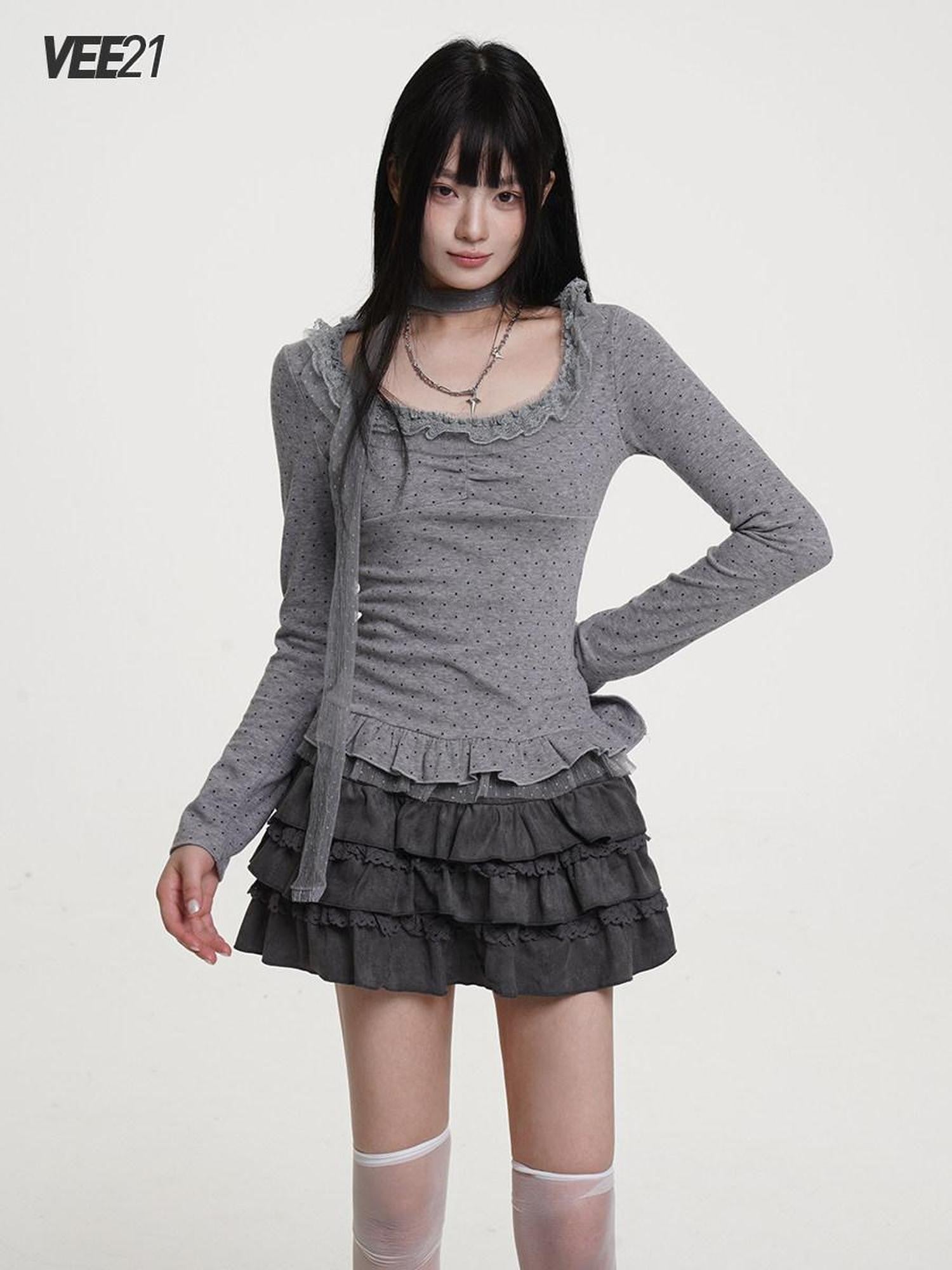 VEEMIX Light Gray Polka Dot Lace Trim Women's Poly Cotton Long Sleeve T-shirts