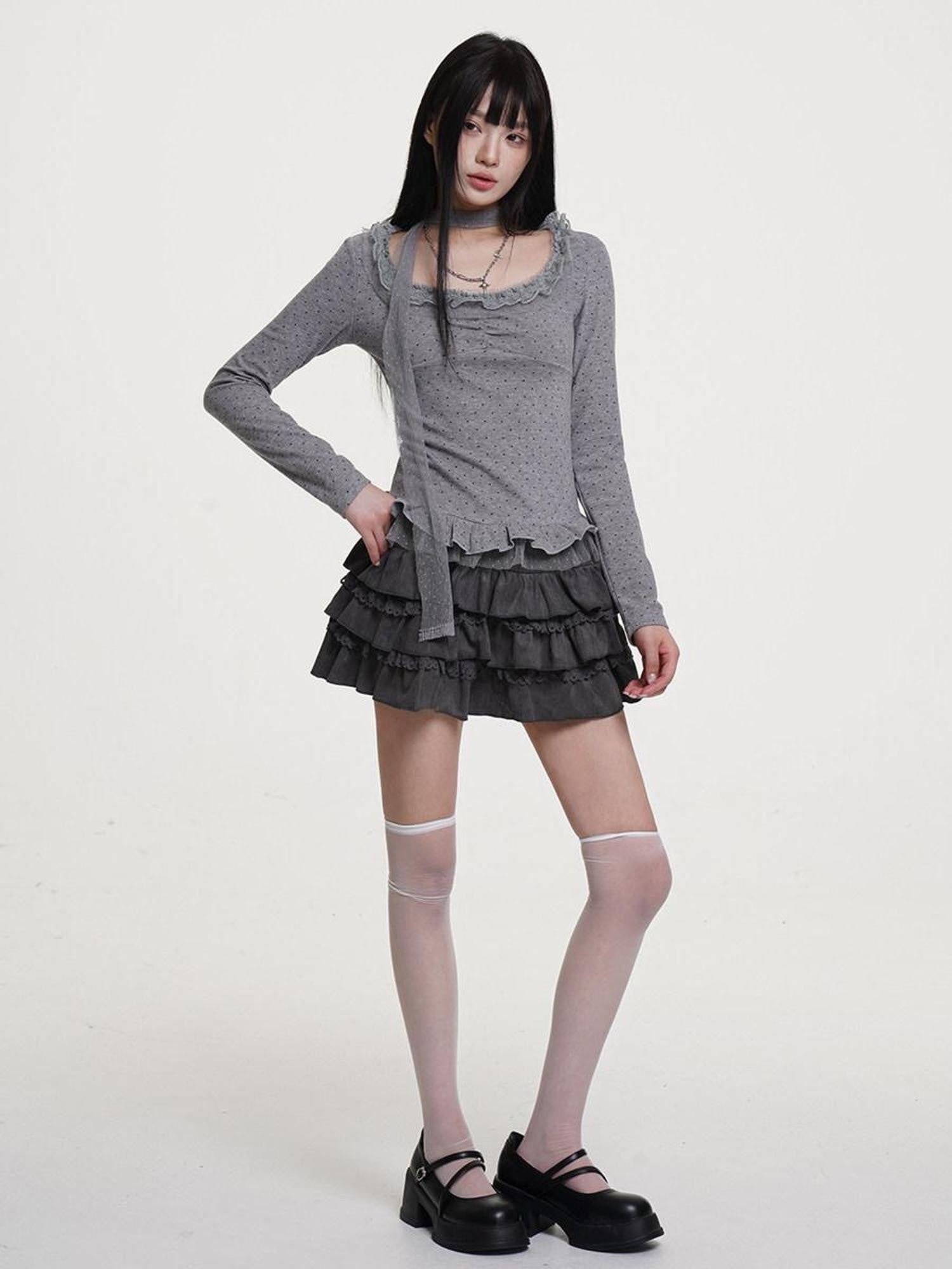 VEEMIX Light Gray Polka Dot Lace Trim Women's Poly Cotton Long Sleeve T-shirts