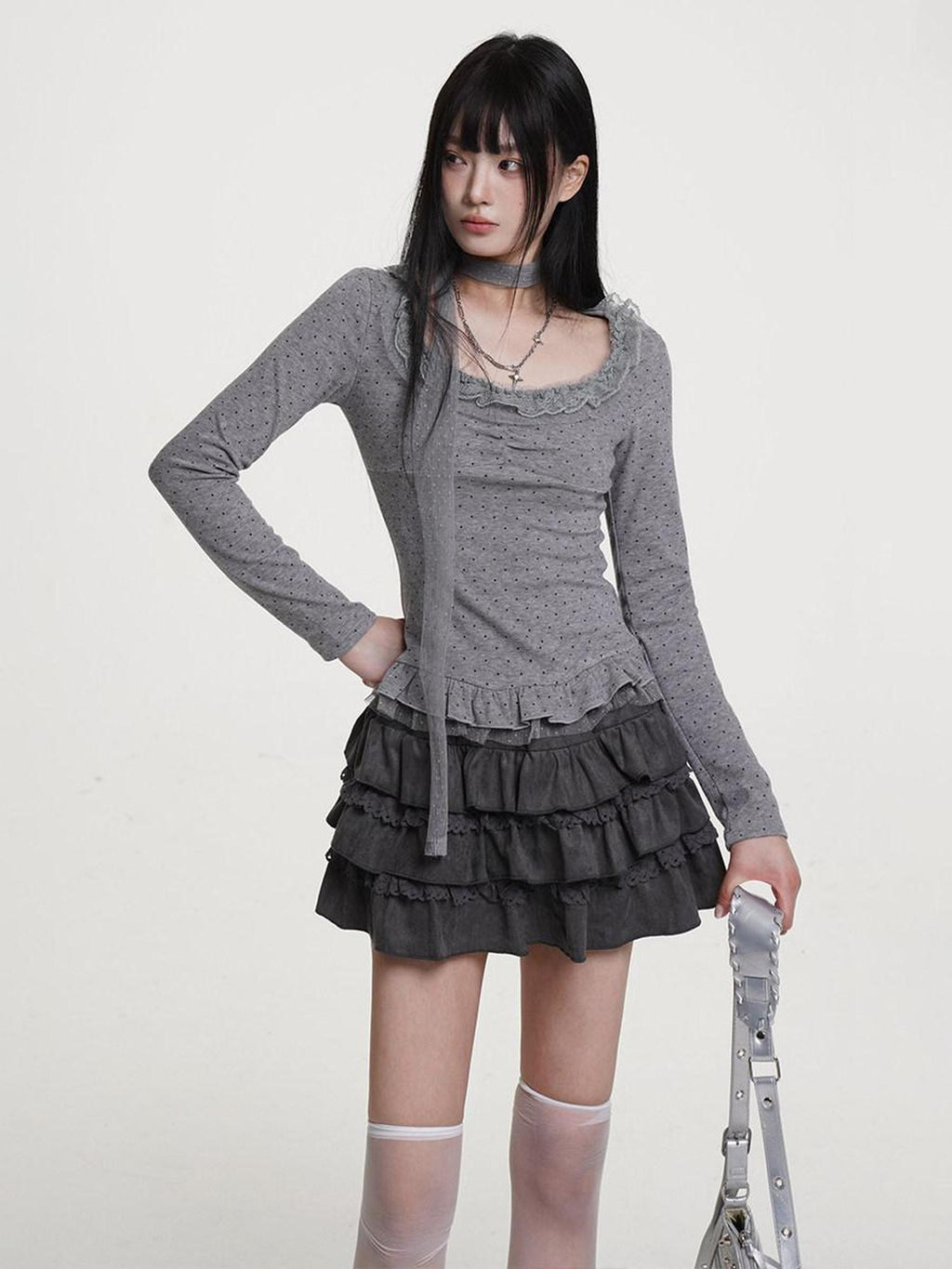 VEEMIX Light Gray Polka Dot Lace Trim Women's Poly Cotton Long Sleeve T-shirts