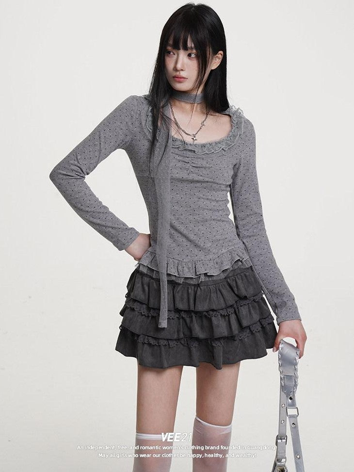 VEEMIX Light Gray Polka Dot Lace Trim Women's Poly Cotton Long Sleeve T-shirts