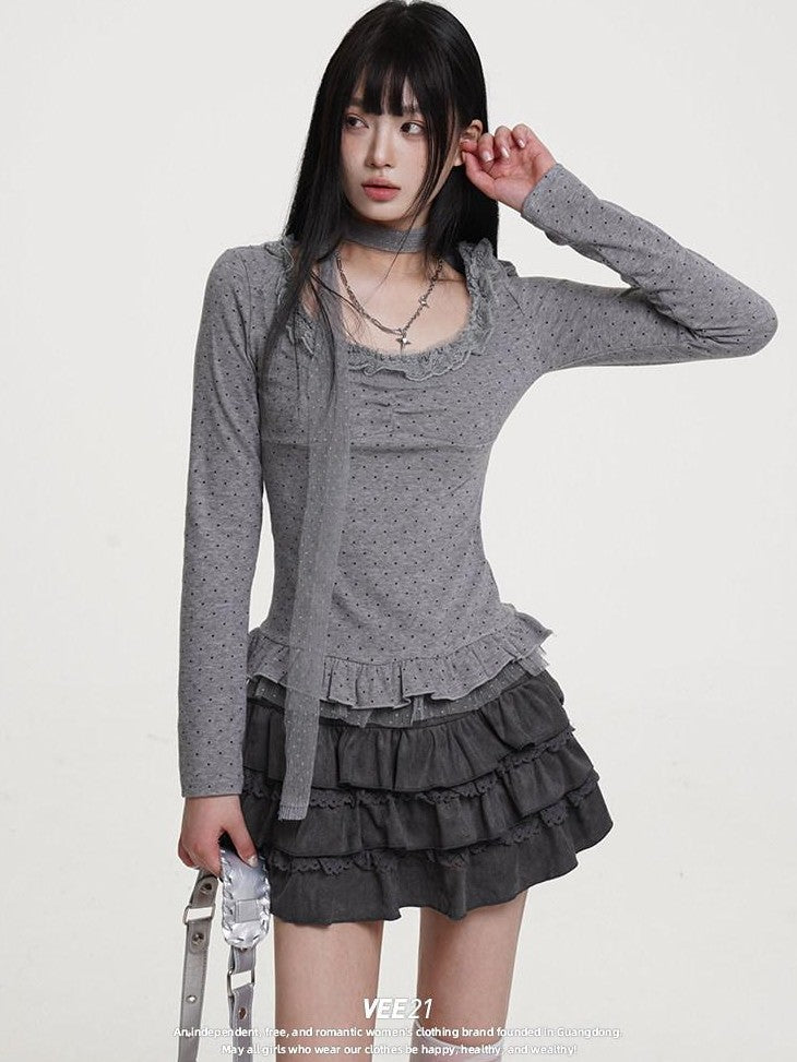 VEEMIX Light Gray Polka Dot Lace Trim Women's Poly Cotton Long Sleeve T-shirts