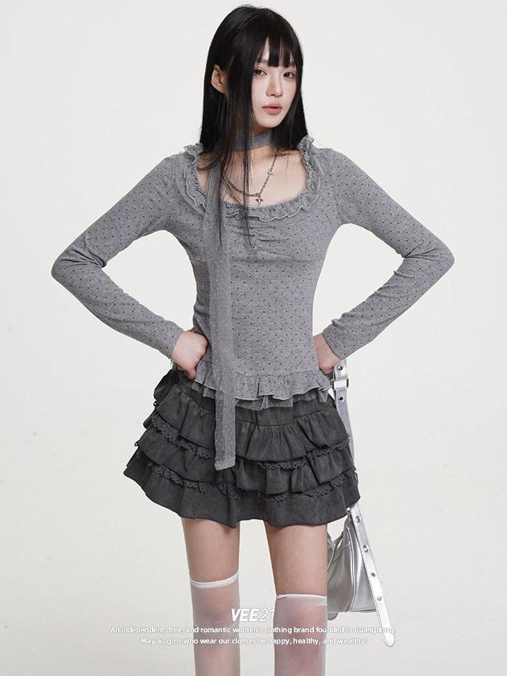 VEEMIX Light Gray Polka Dot Lace Trim Women's Poly Cotton Long Sleeve T-shirts