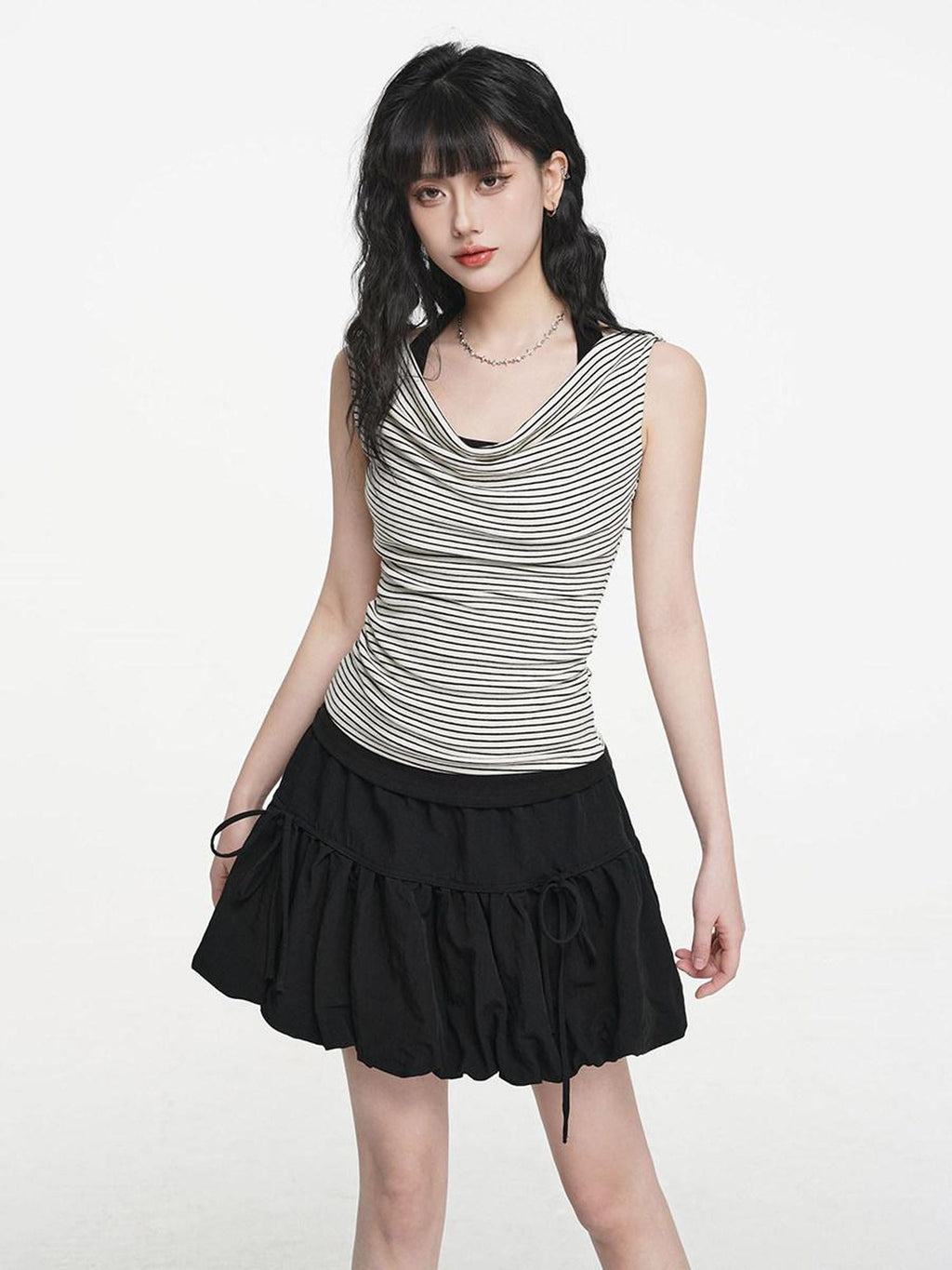 VEEMIX Light Grey Striped Halter Drape Ruching Faux Two Piece Women's Viscose Tank Tops