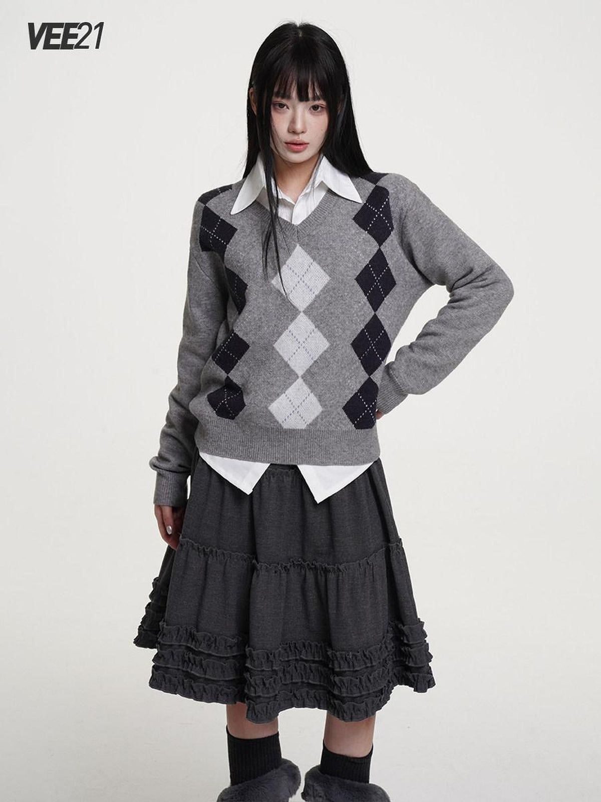 VEEMIX Light Heather Grey Diamond Argyle V-neck Knitted Women's Acrylic Blend Sweaters